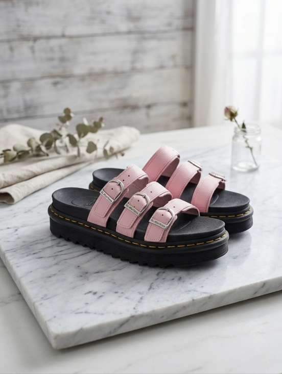 Dr. Martens Shoes - Dr. Martens Blaire Slide Hydro Leather Platform Sandals - Chalk Pink